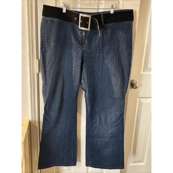 VTG Y2K No Boundaries Flare Juniors Sz 23‎ Jean Blue W/Faux Suede Belted Front - Picture 1 of 8